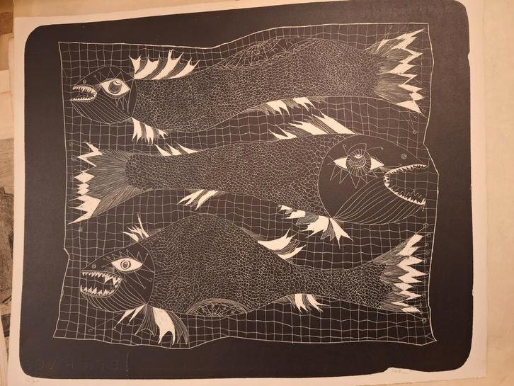 Abstracte Litho Monstervissen, Antiek en Kunst, Kunst | Etsen en Gravures, Ophalen of Verzenden