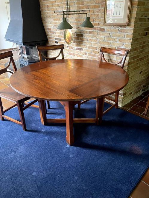 Eettafel teak met 6 stoelen, Huis en Inrichting, Tafels | Eettafels, Gebruikt, 100 tot 150 cm, Vijf personen of meer, Rond, Teakhout