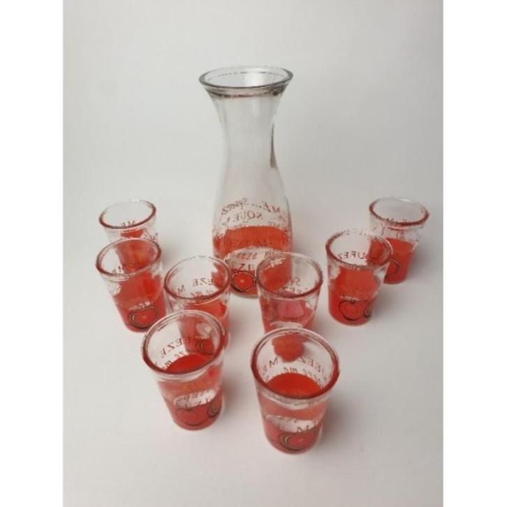 # Vintage squeeze me orange juice karaf en 8 glazen, Huis en Inrichting, Keuken | Servies, Gebruikt, Overige stijlen, Glas, Ophalen of Verzenden