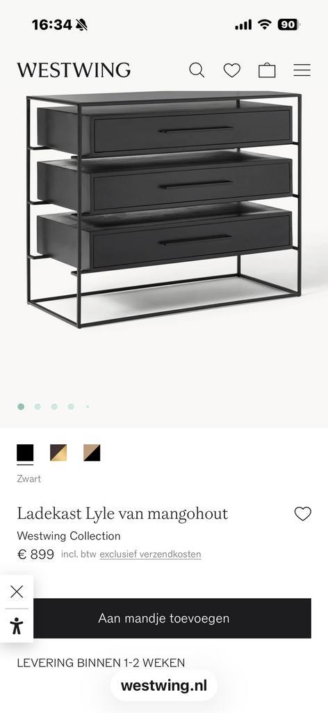 Ladekast zwart mangohout Lyle Westwing, Huis en Inrichting, Kasten | Ladekasten, Zo goed als nieuw, Minder dan 100 cm, 50 tot 100 cm