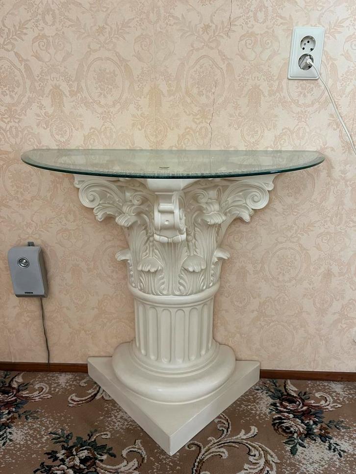 Glazen Bijzettafel met Witte Zuil, Huis en Inrichting, Tafelonderdelen, Zo goed als nieuw, Tafelblad, 50 tot 100 cm, Minder dan 50 cm