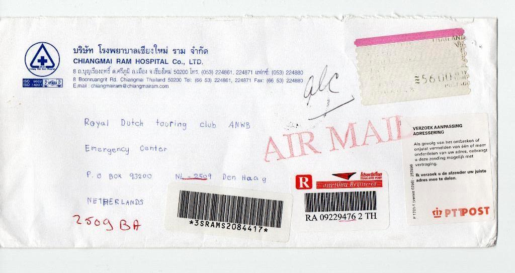 Thailand. Geregistreerd Poststuk met stickers PTT Post etc, Verzenden, Envelop