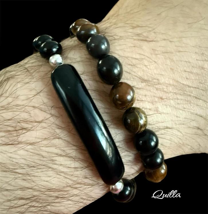 Obsidiaan & Tijgeroog Armbanden Set - Zilver 950, Sieraden, Tassen en Uiterlijk, Armbanden, Nieuw, Zilver, Zwart, Met edelsteen
