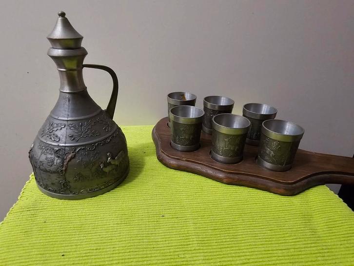 Vintage Tinnen Drankset - Fles en Bekers, Antiek en Kunst, Antiek | Tin, Ophalen of Verzenden
