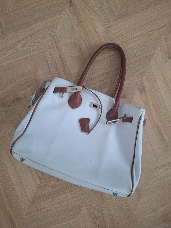 Tas Ibiza wit cognac volledig leer., Sieraden, Tassen en Uiterlijk, Tassen | Damestassen, Zo goed als nieuw, Handtas, Beige, Ophalen of Verzenden