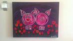 Schilderij met varkens en tulpen/handgemaakt/kleurrijk., Antiek en Kunst, Ophalen