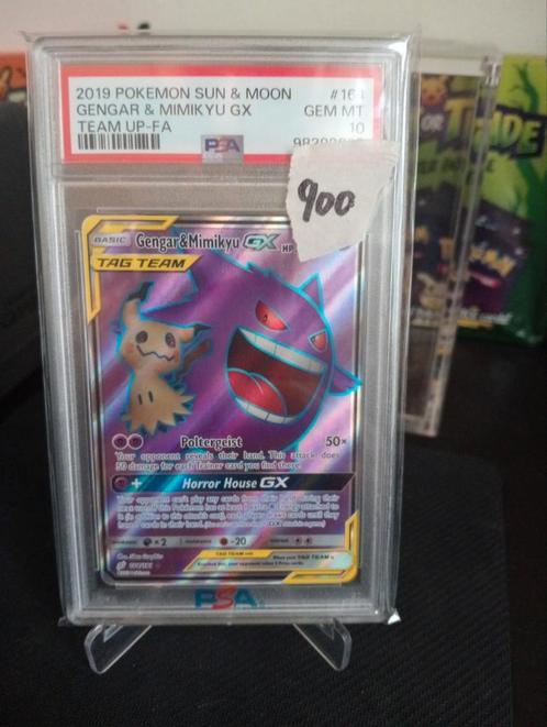 Gengar& Mimikyu GX psa 10, Hobby en Vrije tijd, Verzamelkaartspellen | Pokémon, Zo goed als nieuw, Losse kaart, Ophalen of Verzenden