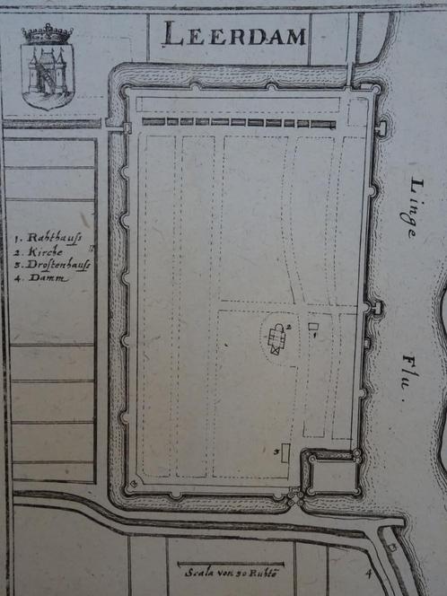 gravure plattegrond Leerdam, Caspar Merian, 1670, Antiek en Kunst, Kunst | Etsen en Gravures, Verzenden