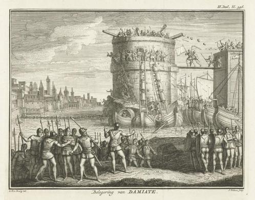 Gravure Belegering van Damiate, Antiek en Kunst, Kunst | Etsen en Gravures, Ophalen