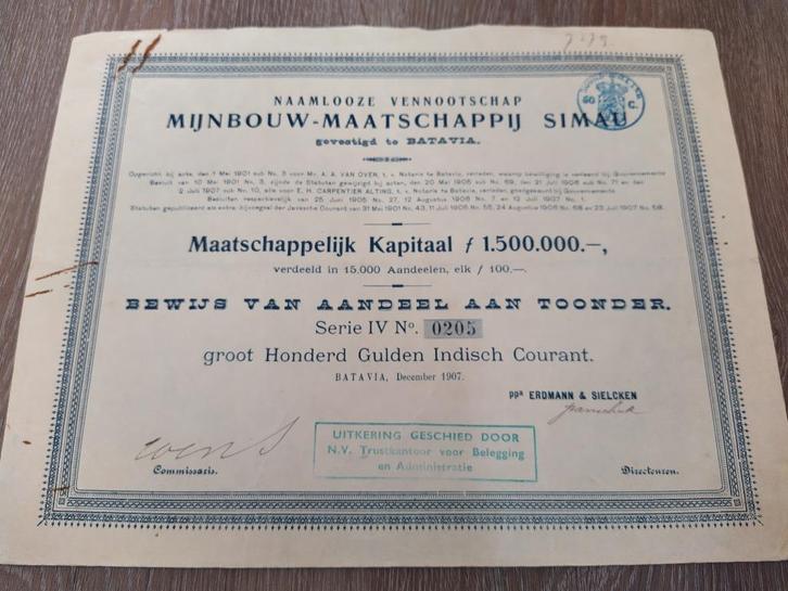 Aandeel "Mijnbouw-Maatschappij Simau", Postzegels en Munten, Aandelen en Waardepapieren, Aandeel, Voor 1920, Ophalen
