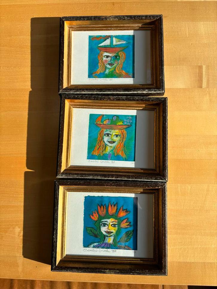 3x Zeefdruk Vrouw, Ingelijst - 18x22cm, Antiek en Kunst, Kunst | Schilderijen | Klassiek, Ophalen