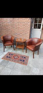 Set lederen fauteuils verweerd met eiken tafel., Ophalen, Gebruikt