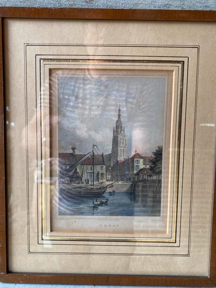 Oude prent van Breda in lijst, Antiek en Kunst, Kunst | Etsen en Gravures, Ophalen of Verzenden
