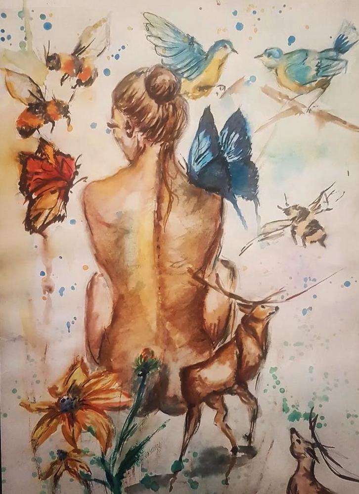Aquarel schilderij met vrouw, vlinders en herten, Antiek en Kunst, Kunst | Tekeningen en Foto's, Ophalen of Verzenden