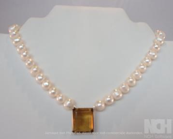 Nieuw parelcollier met Citrien, zilver + 14K witgoud beschikbaar voor biedingen