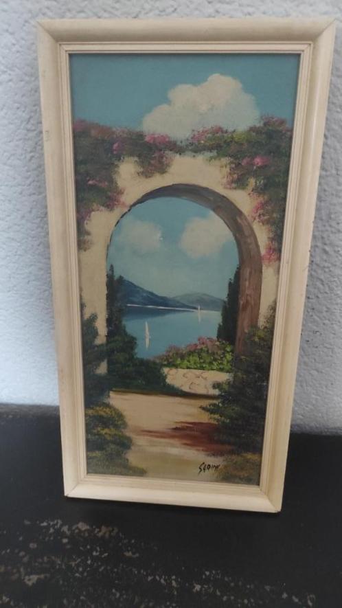 Vintage schilderijtje bergen en water, Huis en Inrichting, Woonaccessoires | Schilderijen, Tekeningen en Foto's, Gebruikt, Schilderij