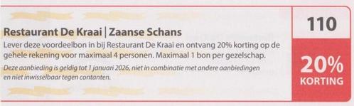 Restaurant De Kraai | Zaanse Schans. 20% korting. Bon nr 110, Tickets en Kaartjes, Kortingen en Cadeaubonnen, Drie personen of meer