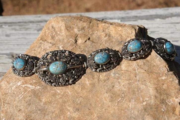 Brocante - Prachtige armband met Turkoois!, Sieraden, Tassen en Uiterlijk, Armbanden, Gebruikt, Overige materialen, Overige kleuren