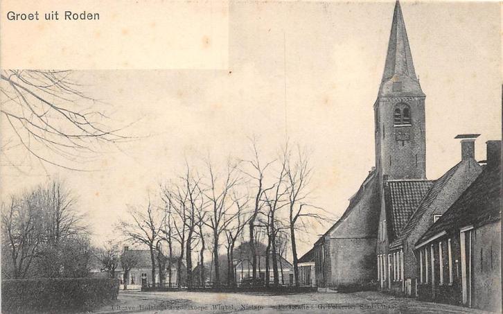 W268 Roden Groet uit met kerk - uitg Huizinga  foto Folkerts, Verzamelen, Ansichtkaarten | Nederland, Drenthe, Voor 1920, Ophalen of Verzenden