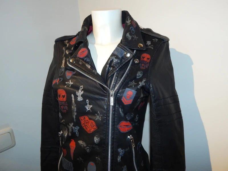 Goosecraft stoere leren jas aparte opdrukken rits S, Goosecraft, Verzenden, Zwart, Zo goed als nieuw