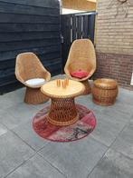 Rieten set: 2x Fauteuil + Tafel + Hocker, Tuin en Terras, Gebruikt, Rotan, Loungeset, Hocker