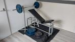 Onverwoestbare, verstelbare halterbank + 158 kg schijven, Sport en Fitness, Fitnessmaterialen, Ophalen, Zo goed als nieuw, Fitnessbank