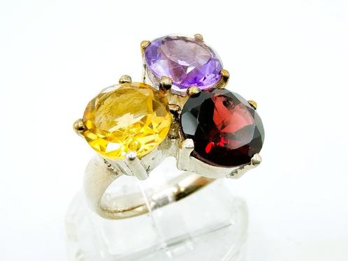 Zilveren ring met 3 briljant geslepen kleurstenen, 925, Sieraden, Tassen en Uiterlijk, Ringen, Zo goed als nieuw, Dame, 18 tot 19