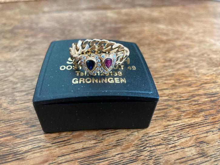 Gouden Vintage schakel ring 14 karaat goud robijn saffier 18, Sieraden, Tassen en Uiterlijk, Ringen, Goud, Met edelsteen, Ophalen of Verzenden