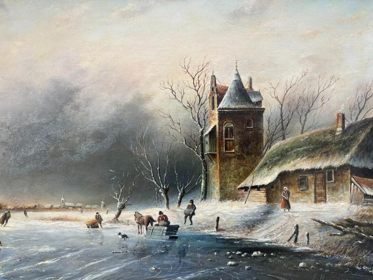 Adrianus Marijnissen (1899-1978) - IJsgezicht met schaatsers, Antiek en Kunst, Kunst | Schilderijen | Klassiek, Ophalen of Verzenden