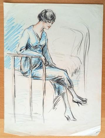 A493-20 Oude tekening Vrouw op bed in blauwe jurk beschikbaar voor biedingen