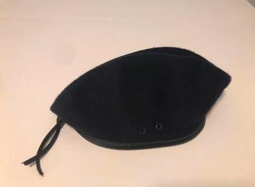 Zwarte wollen leger baret met lederen rand - Nieuw beschikbaar voor biedingen