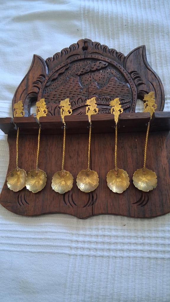 Djokja Wajang Lepeltjes met Houten Rekje - Indonesië, Antiek en Kunst, Antiek | Bestek, Ophalen of Verzenden