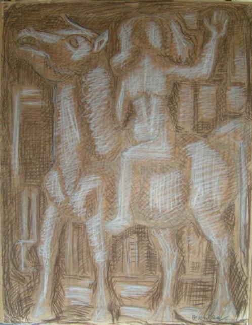 H.Bekman vrouw te paard krijt tekening sculptuur ontwerp, Antiek en Kunst, Kunst | Tekeningen en Foto's, Ophalen of Verzenden
