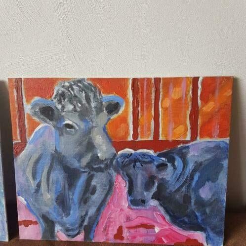 2x Schilderij oliepastel en acryl Koeien Henk Sentel Lovers, Ophalen