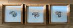 Miniatuur pentekening in houten lijstje 9x9 cm 3 stuks, Ophalen of Verzenden, Zo goed als nieuw