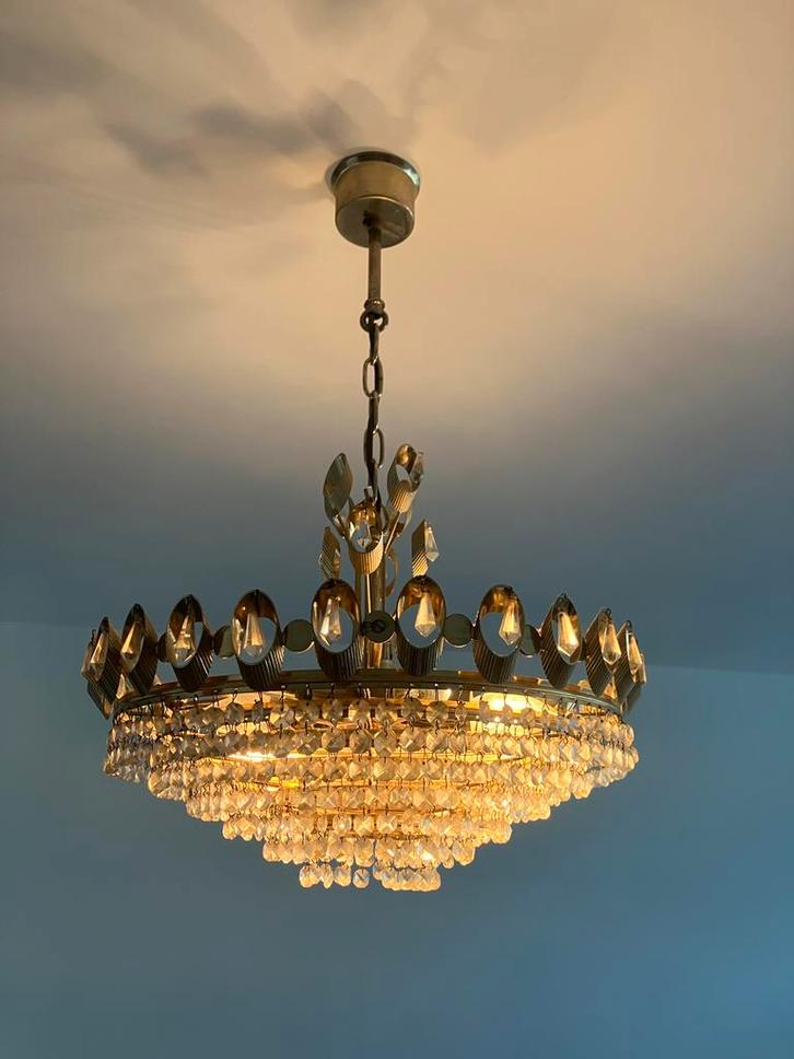La Palwa Hollywood Regency kroonluchter 6 lampen, Huis en Inrichting, Lampen | Kroonluchters, Gebruikt, Glas, Metaal, Overige materialen