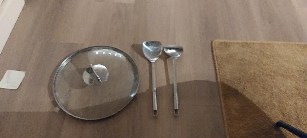 Glazen deksel voor wokpan en RVS spatels, Ophalen of Verzenden, Gebruikt, Rvs, Overige typen