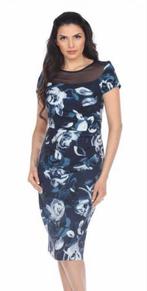 Ribkoff elegante jurk blauwtinten semitransparante delen 38, Kleding | Dames, Jurken, Nieuw, Blauw, Maat 38/40 (M), Onder de knie