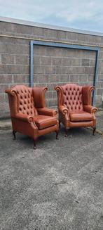 2 originele Chesterfield oorfauteuils in cognac leder, Huis en Inrichting, Fauteuils, Leer, Ophalen of Verzenden, 75 tot 100 cm