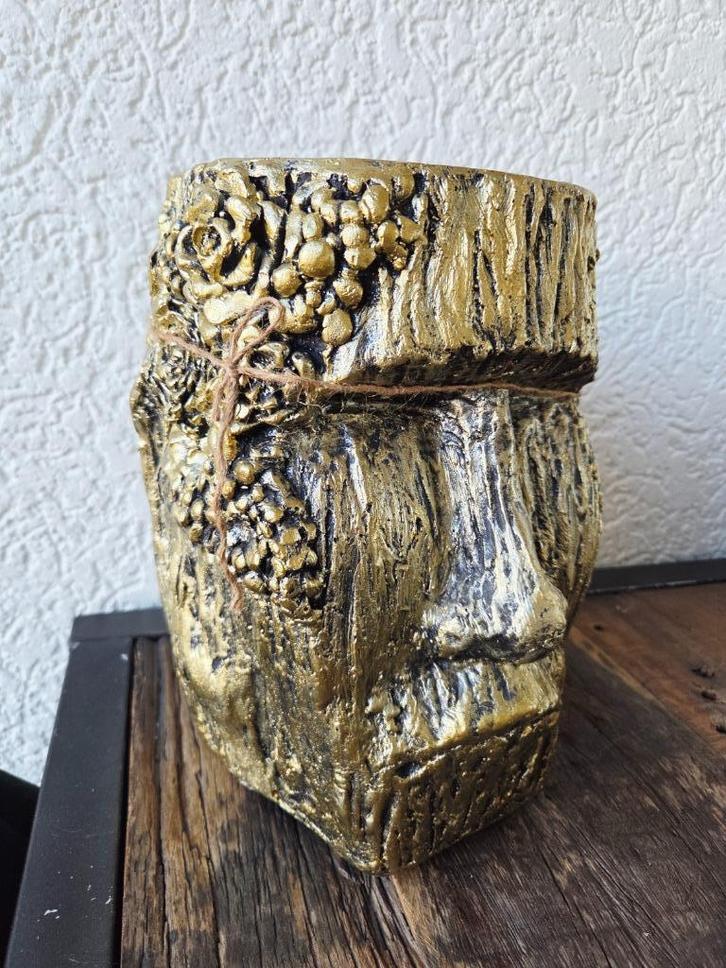 Decoratieve bloempot – Hoofd goudkleurig, Tuin en Terras, Bloempotten, Nieuw, Kunststof, Binnen, Minder dan 40 cm, Minder dan 25 cm