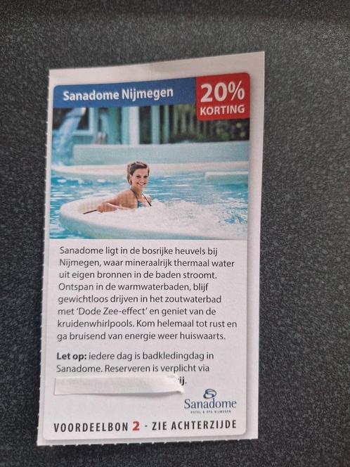 Bon 2 en 57-2024 Sanadome Nijmegen 20% korting max 4pers pb, Tickets en Kaartjes, Kortingen en Cadeaubonnen, Drie personen of meer