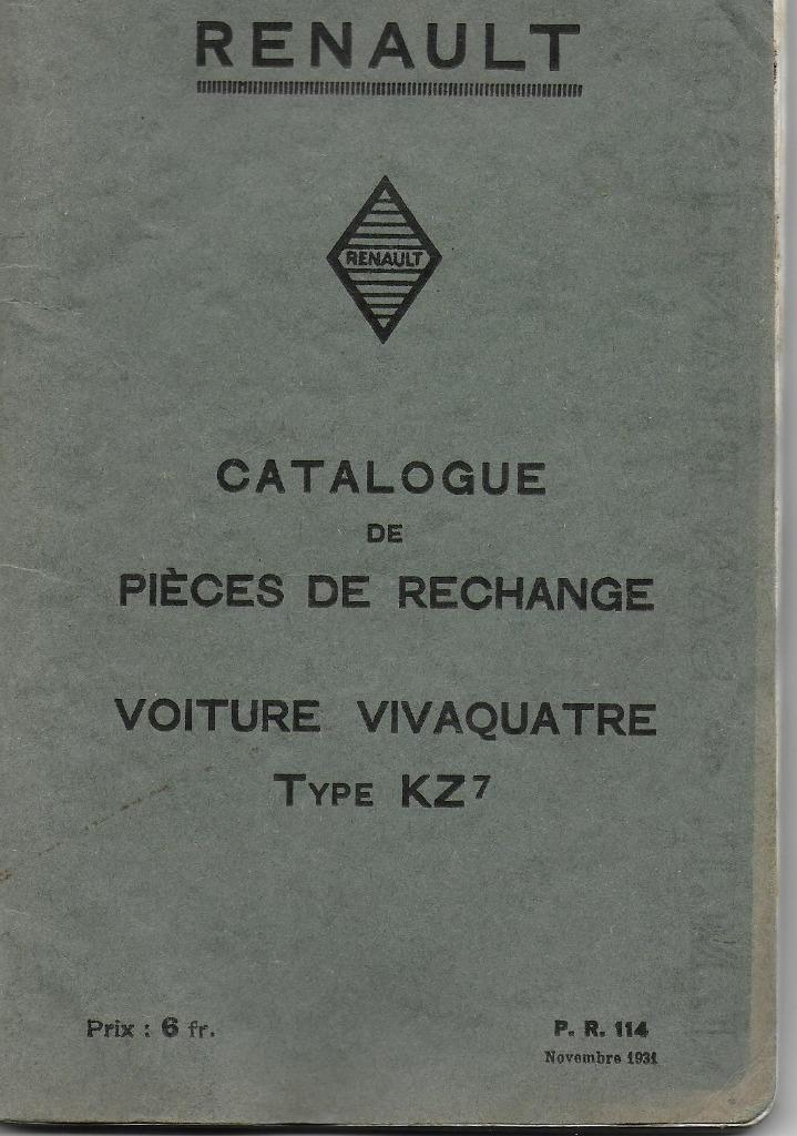 Renault Vivaquatre type KZ 7 Pieces rechange, Auto diversen, Handleidingen en Instructieboekjes, Ophalen of Verzenden