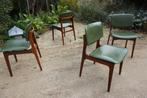 4 Scandinavische stoelen/ eetkamerstoelen, teak- groene skai, Gebruikt, Overige kleuren, Vier, Ophalen
