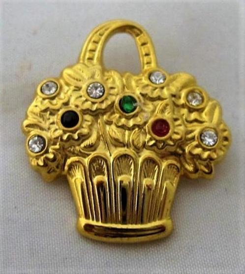 Lief vintage bloemenmandje met strass steentjes (R029), Sieraden, Tassen en Uiterlijk, Broches, Zo goed als nieuw, Overige materialen