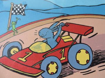 Kleurrijke Zeefdruk Konijn Race Auto Celine Maas Ingelijst beschikbaar voor biedingen