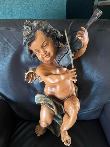 Antieke Polychrome Putti / Muziek Engel - 55cm beschikbaar voor biedingen