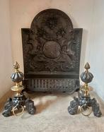 Haardset openhaard haardplaat bokken gietijzer, Ophalen of Verzenden, Zo goed als nieuw, Vrijstaande haard, Houthaard