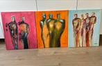 3 kleurrijke schilderijen op doek met 2, 3 en 4 personen, Ophalen