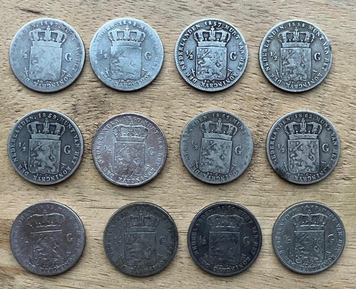 setje halve gulden Willem II en Willem III, Postzegels en Munten, Munten | Nederland, Setje, ½ gulden, Koning Willem III, Zilver