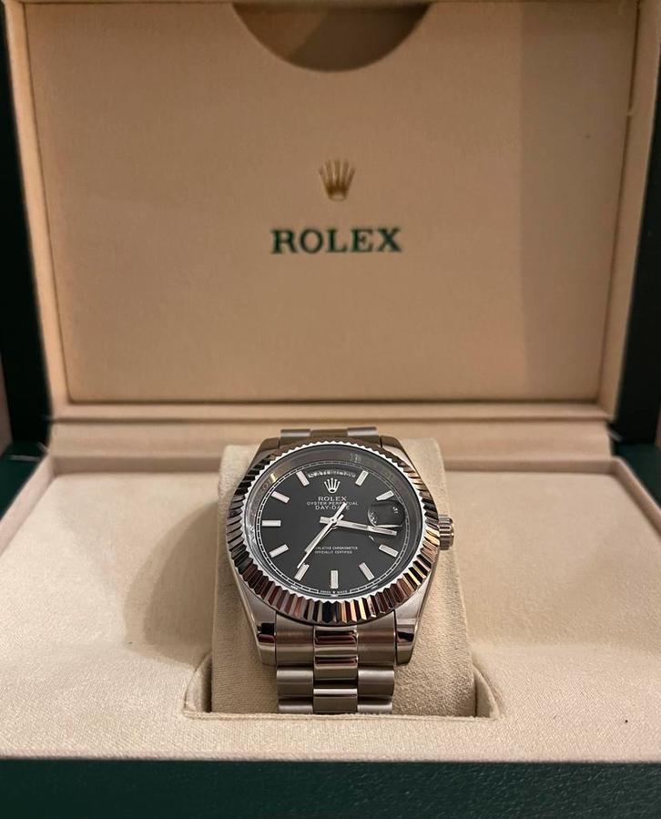 Rolex Day date, zwarte wijzerplaat, Sieraden, Tassen en Uiterlijk, Horloges | Heren, Nieuw, Rolex, Staal, Ophalen of Verzenden